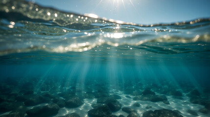 Sunlight shining through the surface of the blue ocean, sea, with dark waters and sandy seabed below.