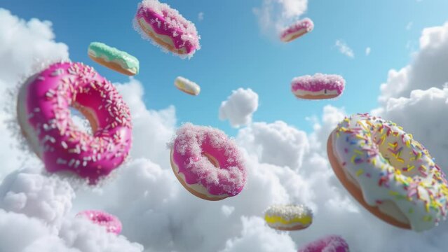 Tasty donuts floating around in a fantasy cloudy sky
