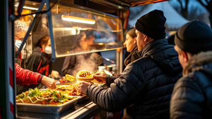 Hungry customers patiently wait in line at a trendy food truck as the alluring scent of sizzling...