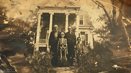 a spooky vintage photo of a skeleton's family in front of a haunted house