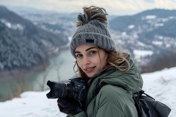 Fototapeta na wymiar A girl, photographer is enjoying the view from a top of a mountain and holding a camera