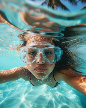 girl is Underwater Exploration in Summer Bliss, Woman Snorkeling Near the Beach on Sunny Holiday