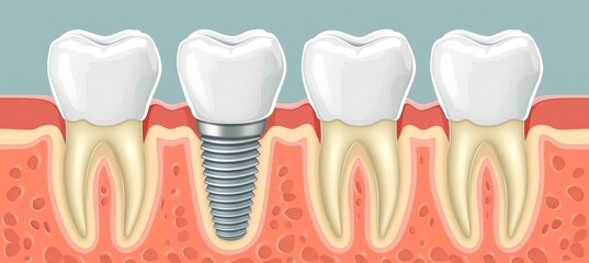 Step by step animated tooth implant process with space for explanatory text and captions.