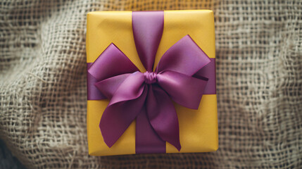 A vibrant and visually striking image of a yellow gift box adorned with a purple ribbon, showcasing the precisionist style with its texture-rich surfaces, perfect for a variety of graphic de