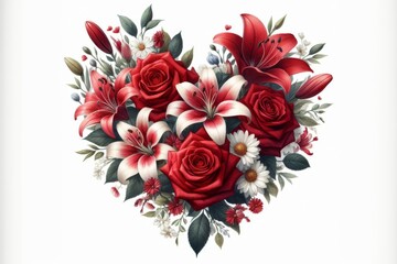 Herz aus roten Blumen auf dem weißen Hinergrund, generative KI