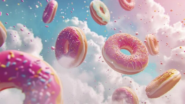 Tasty donuts floating around in a fantasy cloudy sky
