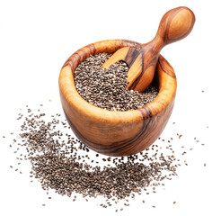 Heap of chia seeds and chia seeds in wooden spoon isolated on white background.