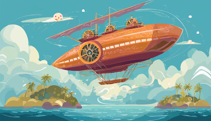 Whimsical steampunk-inspired airship soaring through the skies amidst floating islands