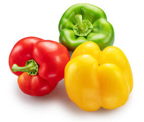 Green, yellow and red bell peppers isolated on white background. File contains clipping path.