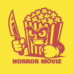 retro horror movie popcorn box with angry face hold knife