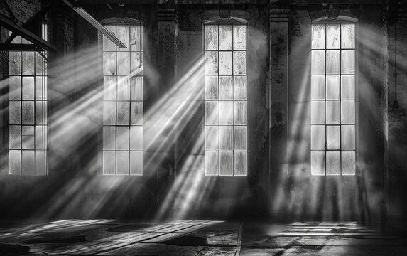 Raios de sol brilhando através das janelas da fábrica, fotografias dramáticas em preto e branco