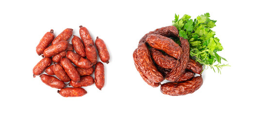 Mini Sausages Isolated, Dry Smoked Salami Sticks, Small Kielbasa, Cabanossi, Kabanos, Dry Embutido,...