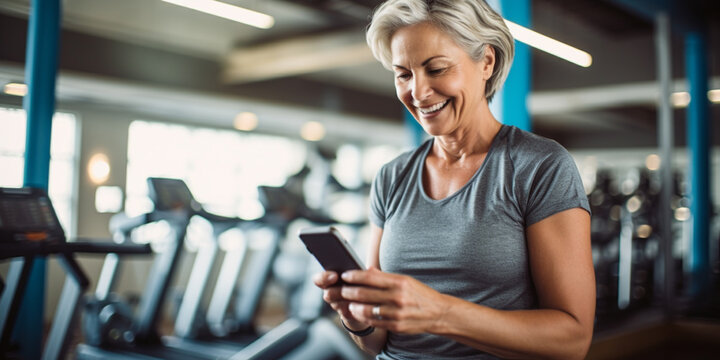 Senior Woman Using Fitness App in Gym. active senior woman smiles while using a fitness application on her smartphone in a well-equipped gym, representing health and technology
