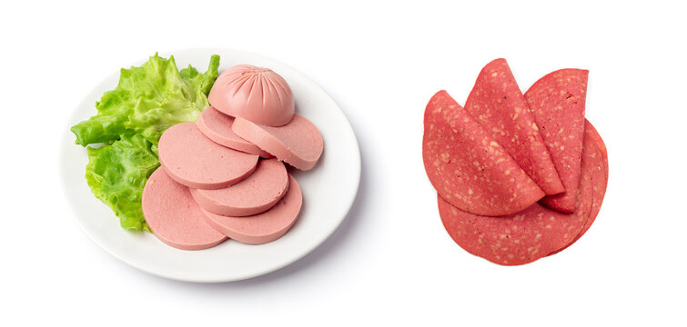 Mortadella Slice Isolated, Luncheon Meat Cut, Chicken Ham, Boiled Sausage for Breakfast