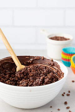Double Chocolate Crackles Mixture in a white mixing bowl