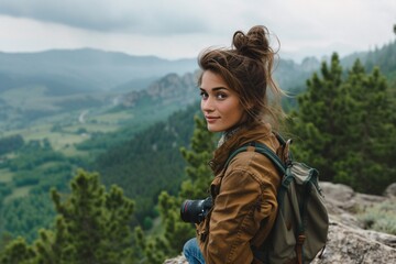 Naklejka premium A girl, photographer is enjoying the view from a top of a mountain and holding a camera