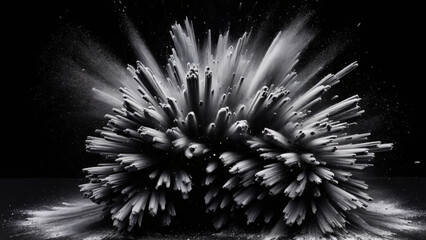 Fototapeta premium Charcoal Explosion: Abstract Black and White Powder Burst with Isolated Splatter - Dynamic Carbon Pattern, Explosive Design, and Dark Elegance for Templates, Wallpapers, and Backgrounds