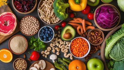 variety of fresh, healthy foods including fruits, vegetables, nuts, and grains neatly arranged on a dark surface