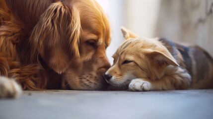 Intimate scene of a golden retriever and a corgi lying close, nose to nose, in a serene setting.