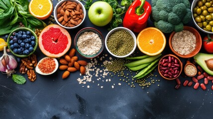 variety of fresh, healthy foods including fruits, vegetables, nuts, and grains neatly arranged on a dark surface
