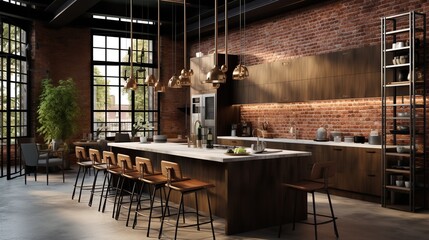 Warm Industrial Kitchen: Exposed Brick & Soft Textures for Cozy Urban Feel - obrazy, fototapety, plakaty