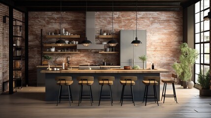 Warm Industrial Kitchen: Exposed Brick & Soft Textures for Cozy Urban Feel