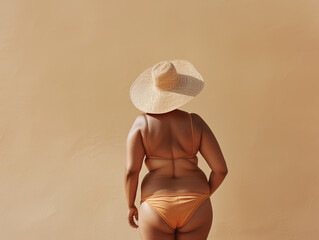 Plus size woman in bikini and hat - obrazy, fototapety, plakaty