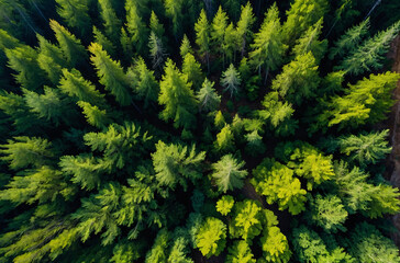 green pine forest aerial view in summer