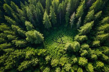green pine forest aerial view in summer - obrazy, fototapety, plakaty