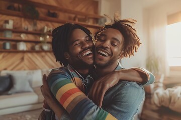 Happy gay couple dancing together in the living room