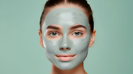 Close up portrait of young women with a mask in a spa, turquoise background, natural organic skincare beauty salon