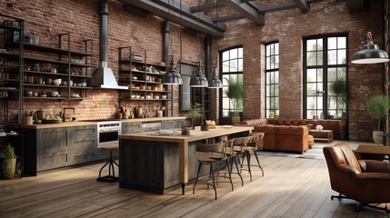 Fototapeta na wymiar Warm Industrial Kitchen: Exposed Brick & Soft Textures for Cozy Urban Feel