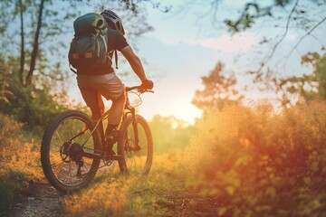 man with mountain bike on nature journey with helmet or safety gear and outdoor