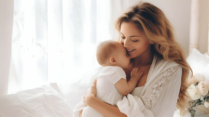 Fototapeta na wymiar Mother with newborn baby. Woman and baby in white clothes and white background.