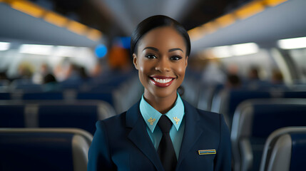 Portrait of a black female flight attendant in her uniform on an airplane. 