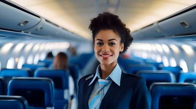 Portrait of a black female flight attendant in her uniform on an airplane. 