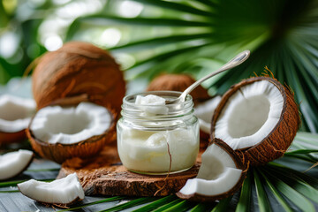 The image displays a clear glass jar filled with pure white coconut oil, accompanied by a spoon resting on its brim, set against a tropical backdrop of lush green palm leaves.