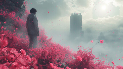 person walking in the fog, cherry blossoms