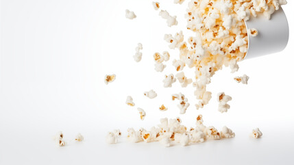 Flying delicious popcorn, white background, text space