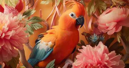 Exotic parrot perched in a garden of pink blooms floral paradise, national wild life day concept