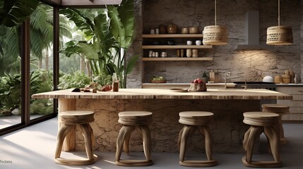 Fototapeta na wymiar Serene Zen Kitchen: Minimalist Design Blended with Organic Elegance