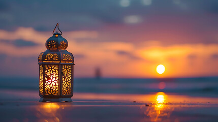 Islamic concept lamp Traditional Arabic Lantern on the beach Ramadan and Eid Mubarak greeting background