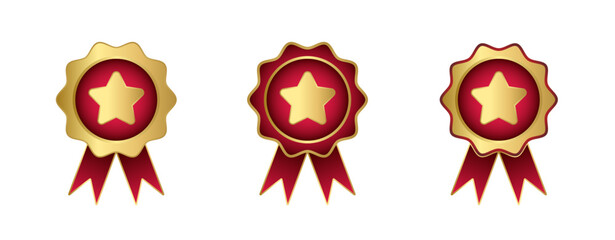 Award icon set with ribbon and gold star. Achievement of the premium class winner or business success. Quality badge, victory medal symbol isolated white background