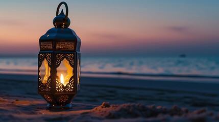 Obraz premium Islamic concept lamp Traditional Arabic Lantern on the beach Ramadan and Eid Mubarak greeting background