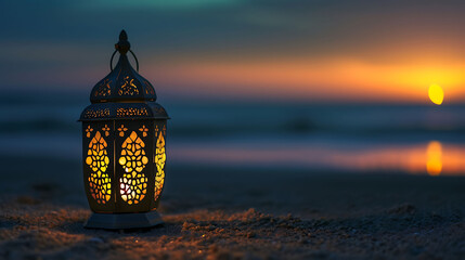 Islamic concept lamp Traditional Arabic Lantern on the beach Ramadan and Eid Mubarak greeting background