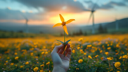 Orange flower resembling a wind turbine in one hand, wind energy in the background, emphasizing the importance of ecology, clean energy theme