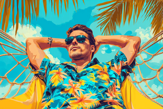 man in a Hawaiian shirt and sunglasses lying on a hammock on a beach, in the style of summer, relaxed, fun.