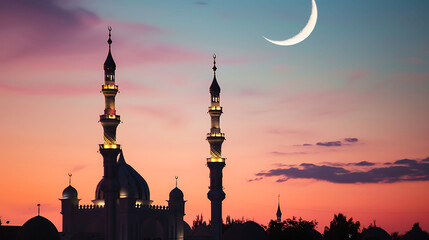 Mosques on dusk sky twilight and crescent moon, religion of Islamic