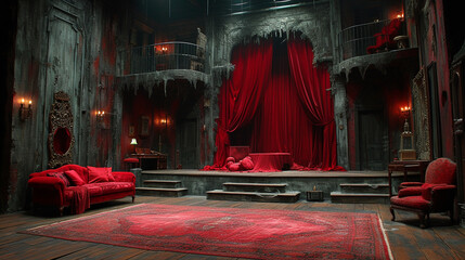 old theater stage with red curtains in ruins