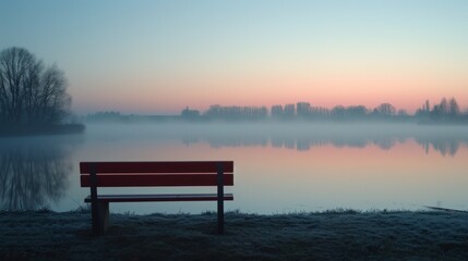 a bench overlooking a fog-covered lake at dawn, embodying Labor Day's quiet reflection - 731351728